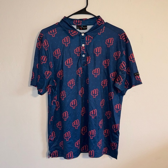 Yatta Polo Shirt Mens medium Blue All Over Print Cactus Performance Golfing - Picture 1 of 6